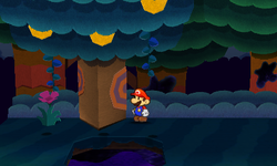 Mario near a tree containing a Coin and 2 Hearts in Holey Thicket of Paper Mario: Sticker Star.