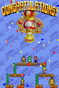 Bowser Jr., Mario, and Yoshi rejoice in winning the Mushroom Tourney.