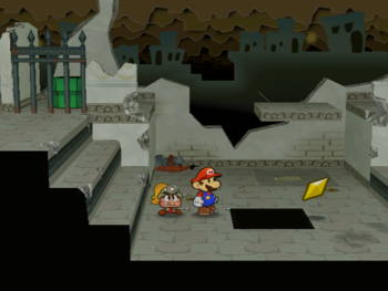 Mario getting the Star Piece under the hidden panel in the west entrance scene in Paper Mario: The Thousand-Year Door.