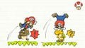 A sketch of Mario vaulting over a Goomba and a Koopa Troopa in Super Mario Run