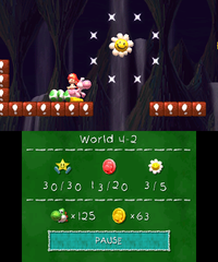 Smiley Flower 4: In a bonus area accessed by a hidden Winged Cloud that spawns a large Spring Ball. Pink Yoshi needs to hit a ! switch, run, and hit a Winged Cloud that contains the flower.