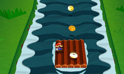 Mario at the start of the Coin line in the first river scene in Jungle Rapids of Paper Mario: Sticker Star.