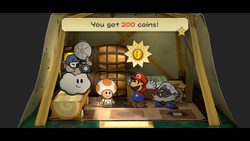 Mario getting 200 Coins from the innkeeper in Keelhaul Key of Paper Mario: The Thousand-Year Door for Nintendo Switch.