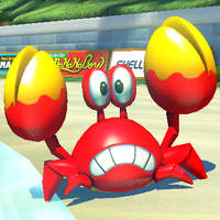 A Sidestepper in Mario Kart 8 Deluxe on the DS Cheep Cheep Beach course.