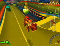 Lakitu saving Donkey Kong and Diddy Kong from falling off the track Mushroom City.