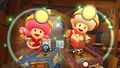 Captain Toad and Toadette (Explorer) tricking on the course with the Clanky Kart and Clackety Kart