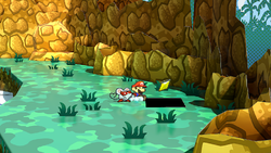 Mario getting the Star Piece under a hidden panel in the shore scene of Keelhaul Key in the remake of the Paper Mario: The Thousand-Year Door for the Nintendo Switch.