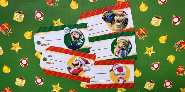 Photograph of a several printed Mario-themed gift tags