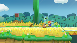 Mario getting a Horsetail from the Candy Cane in the western part of Petal Meadows of Paper Mario: The Thousand-Year Door for Nintendo Switch.