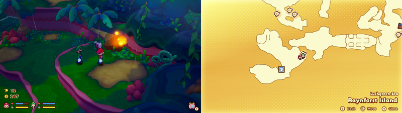 Mario and Luigi near a Sprite Bulb Nest on Raynforst Island of Mario & Luigi: Brothership.