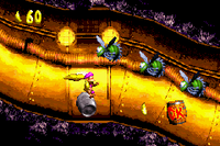 Dixie Kong riding a Steel Barrel in the second half of Surf's Up in the Game Boy Advance version of Donkey Kong Country 3