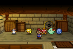 Mario finding items in Harry's Shop Storeroom in Toad Town of Paper Mario.