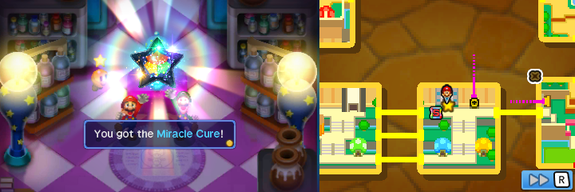 Mario and Luigi getting the Miracle Cure from Dr. Toadley in Toad Town of Mario & Luigi: Bowser's Inside Story + Bowser Jr.'s Journey.