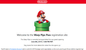 Screenshot of the Warp Pipe Pass registration site on nintendo.com prior to June 6, 2019, 05:00 PDT
