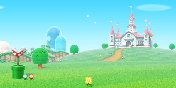 View of the Mushroom Kingdom used in an opinion poll celebrating MAR10 Day. Pictured are Peach's Castle, a Piranha Plant in a pipe, small birds, and flowers.