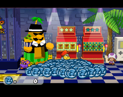 Mario after winning on the slot machine in Pianta Parlor in Rogueport of Paper Mario: The Thousand-Year Door.