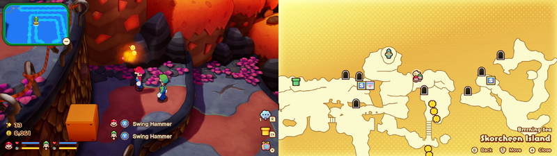 Mario and Luigi near a Sprite Bulb Nest on Skorcheen Island of Mario & Luigi: Brothership.