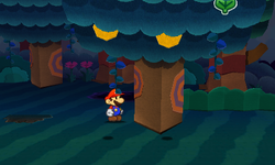 Mario near a tree containing a Coin, a Jump Sticker and Leaf Sticker in Strike Lake of Paper Mario: Sticker Star.