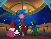 Mario and his friends traveling through space in their rocketship.