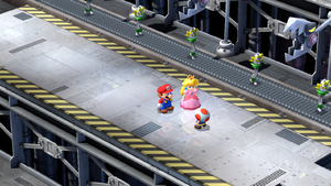 Toad giving Mario a Rock Candy in Weapon World of Super Mario RPG.
