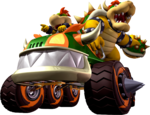 Artwork of Bowser and Bowser Jr. riding on the Koopa King, carrying a Bowser Shell. Artwork was released with Mario Kart: Double Dash!!.