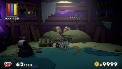 Mario near a Coin in Fortune Island of Paper Mario: Color Splash.