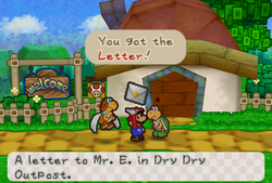 Mario receiveing a second letter from the Koopa near the entrance of Koopa Village of Paper Mario.