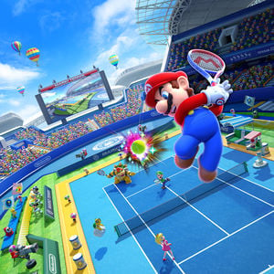 Artwork of Mario and Peach in a tennis match against Luigi and Bowser