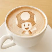Photo of a latte with a shape of Kinopio-kun from Nintendo Co., Ltd.'s LINE account