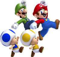Mario, Luigi, Blue Toad and Yellow Toad.