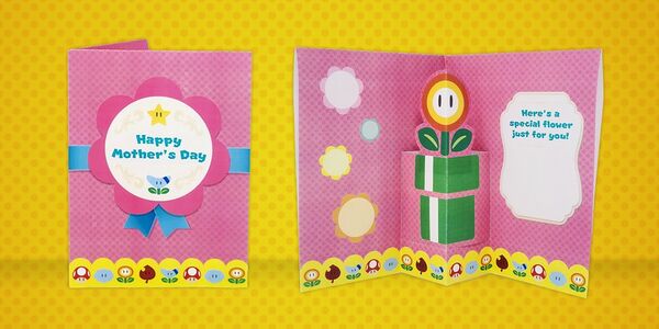 Banner of a Mother's Day greeting card featuring a Fire Flower pop-up