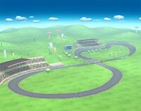 A full view of the Mario Circuit stage in Super Smash Bros. Brawl