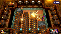 Luigi gets skewered by doing absolutely nothing in Skewer Scurry in Mario Party Superstars.