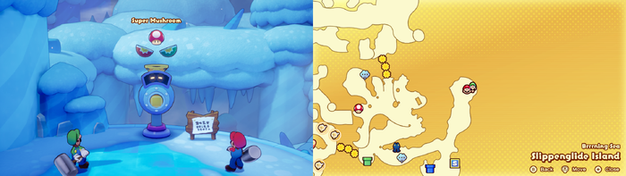 Mario and Luigi being given a Super Mushroom by the Concordia Hammer-Rally machine on Slippenglide Island of Mario & Luigi: Brothership.