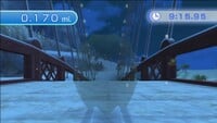 A sprite of Mario on Wuhu Island's Red Iron Bridge from Wii Fit U