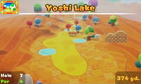 Yoshi Lake seventh hole in the game Mario Golf: World Tour.