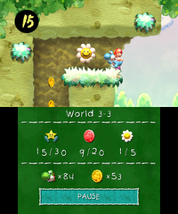 Smiley Flower 2: Blockaded by unbreakable stone blocks in an area located by activated a hidden Winged Cloud which opens up the first set of stairs. Light-Blue Yoshi needs to fire a Mega Eggdozer, lead by a coin trail, that bounces off the walls and breaks the blocks. Light-Blue Yoshi can then bounce off Spring Balls to retrieve it.
