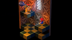 Bowser and Mario taking the Chain Chomp found in the room unlocked with the Elder Key in the Booster Tower of Super Mario RPG.