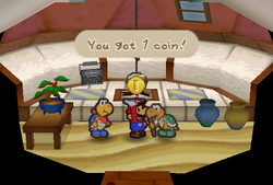 Mario receiveing a Coin from Koopa Koot in Koopa Village of Paper Mario.