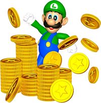 Artwork of Luigi and many Coins from Mario Party.