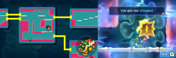 Mario picking up the Stingler in Pump Works of Mario & Luigi: Bowser's Inside Story + Bowser Jr.'s Journey.