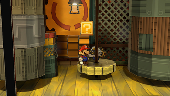 First block in the Riverside Station in the remake of Paper Mario: The Thousand-Year Door for the Nintendo Switch.