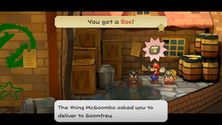 Mario getting a Box from McGoomba in Paper Mario: The Thousand-Year Door for Nintendo Switch.