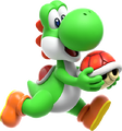 Yoshi carrying a Red Shell