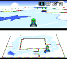 Luigi racing on the course in Super Mario Kart
