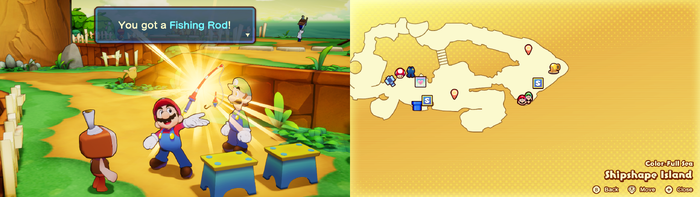 Mario being given the Fishing Rod by a Concordian on Shipshape Island of Mario & Luigi: Brothership.