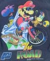 Shirt Shed Inc. t-shirt of Mario riding a bicycle over a Rocky Wrench with Lemmy Koopa in the background
