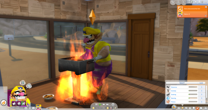 Wario discovered fire. Yeah I bet. Also, you can see it took me the third try to catch fire on myself. Third time's the charm I guess.