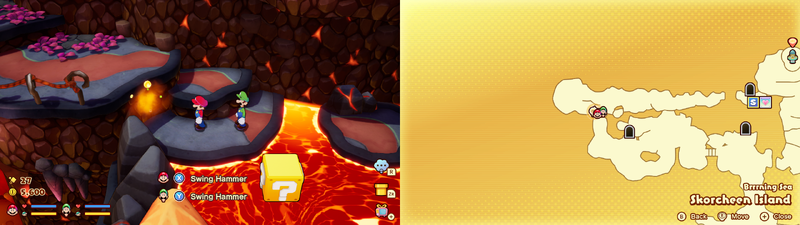 Mario and Luigi near a Sprite Bulb Nest on Skorcheen Island of Mario & Luigi: Brothership.