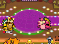 Bowser dizzy during the battle against Midbus in Fawful Theater
